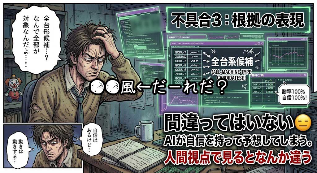 AI予想が誤って勝率100%と過大評価して出力した分析結果画面