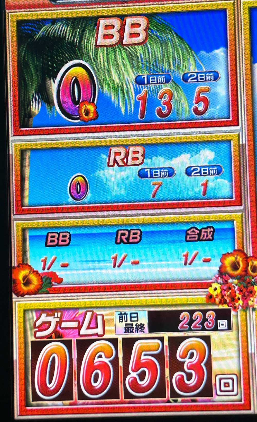 キングハナハナ ノーチカ653Gハマり打ち始めデータ画面